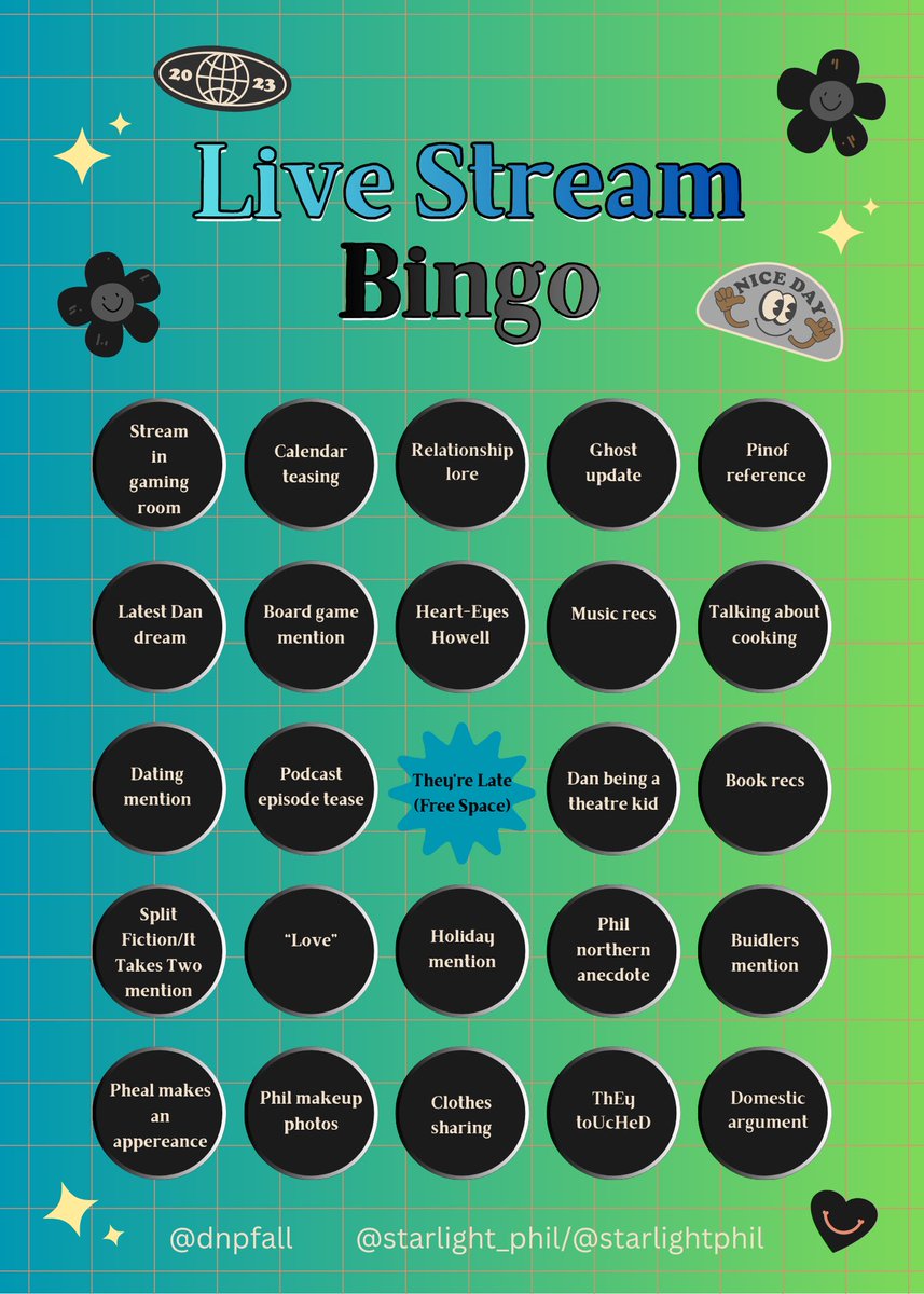 dnpfall's tweet image. presenting the Dan and Phil Live Stream Bingo Board from me and @starlight_phil ✨