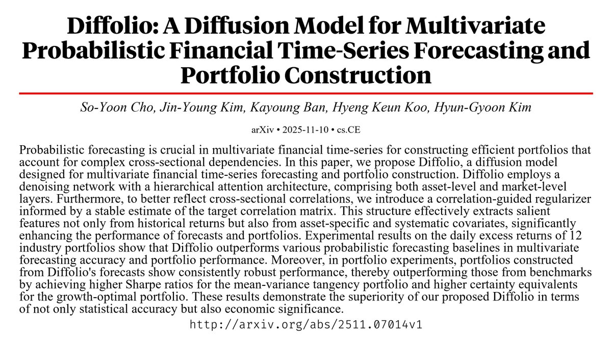 CapybaraPapers's tweet image. Diffolio: A Diffusion Model for Multivariate Probabilistic Financial Time-Series Forecasting and Portfolio Construction arxiv.org/abs/2511.07014…