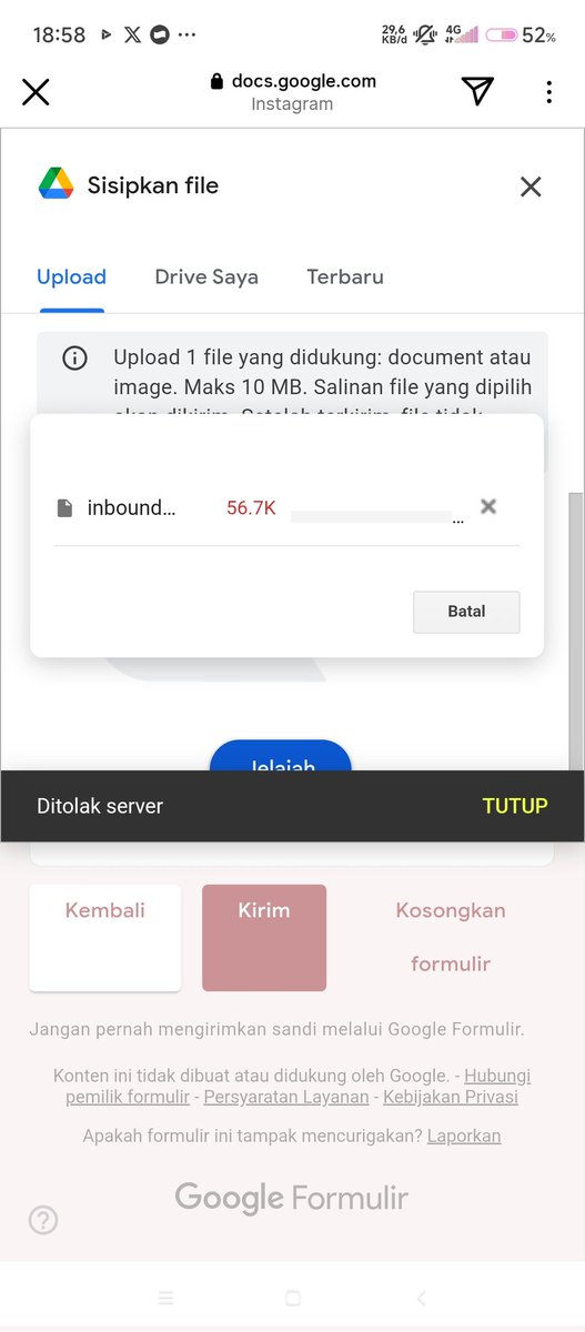 Utari123Tari's tweet photo. @Fajri_CHNCE Kalo gini kenapa ji, aku udh bayar pas mau upload bukti pembayarannya di tolak server😭😭 https://t.co/cXZb4khX2H