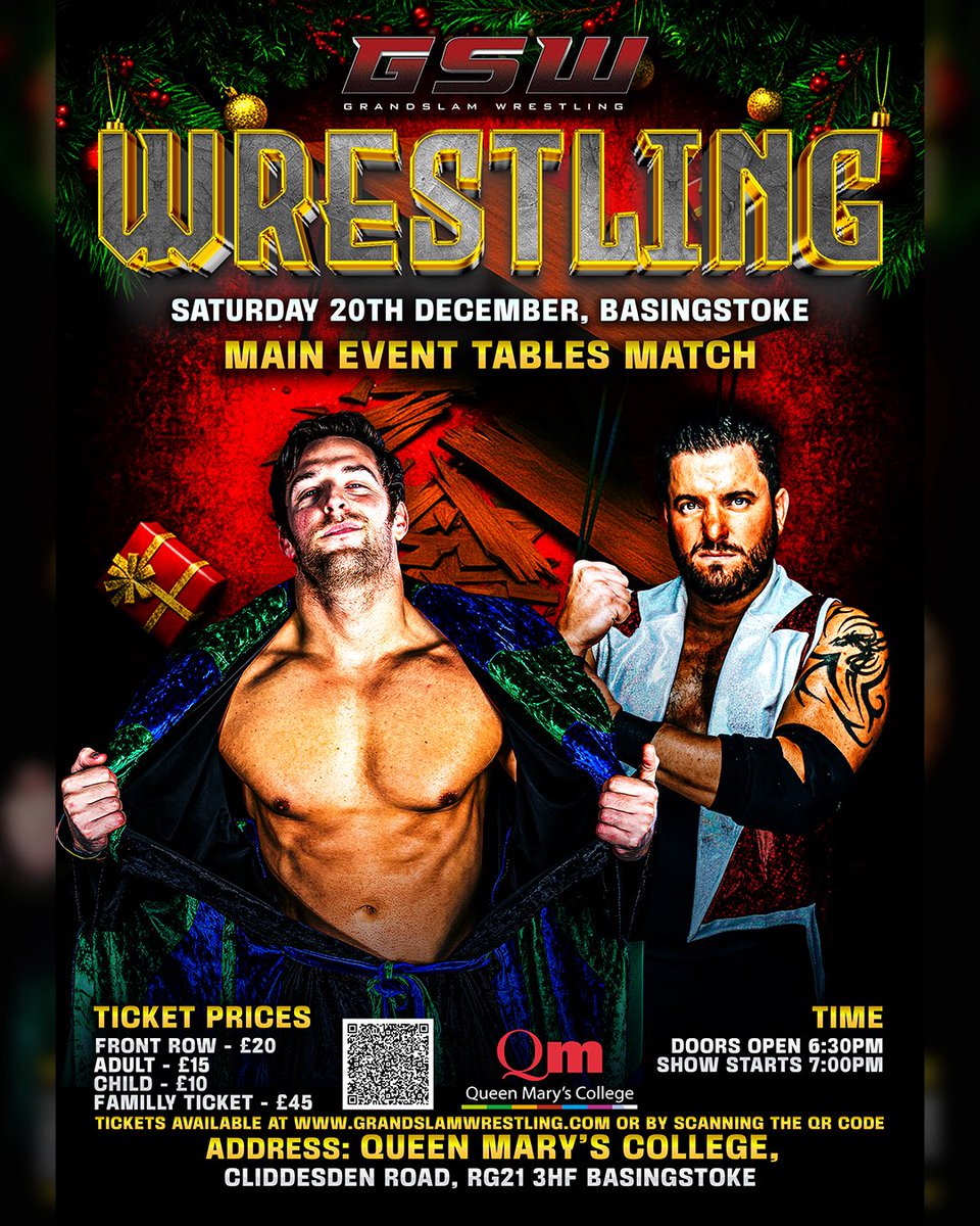 Where can you see GSW next?

💥 Verwood, Sat 29th Nov
Send off the grey, dull days of November with the bright lights of GSW! 

💥 Basingstoke, Sat 20th Dec
Kickstart your Christmas holidays with a huge Main Event Tables Match! 

🎟️ Tix on sale now
grandslamwrestling.com