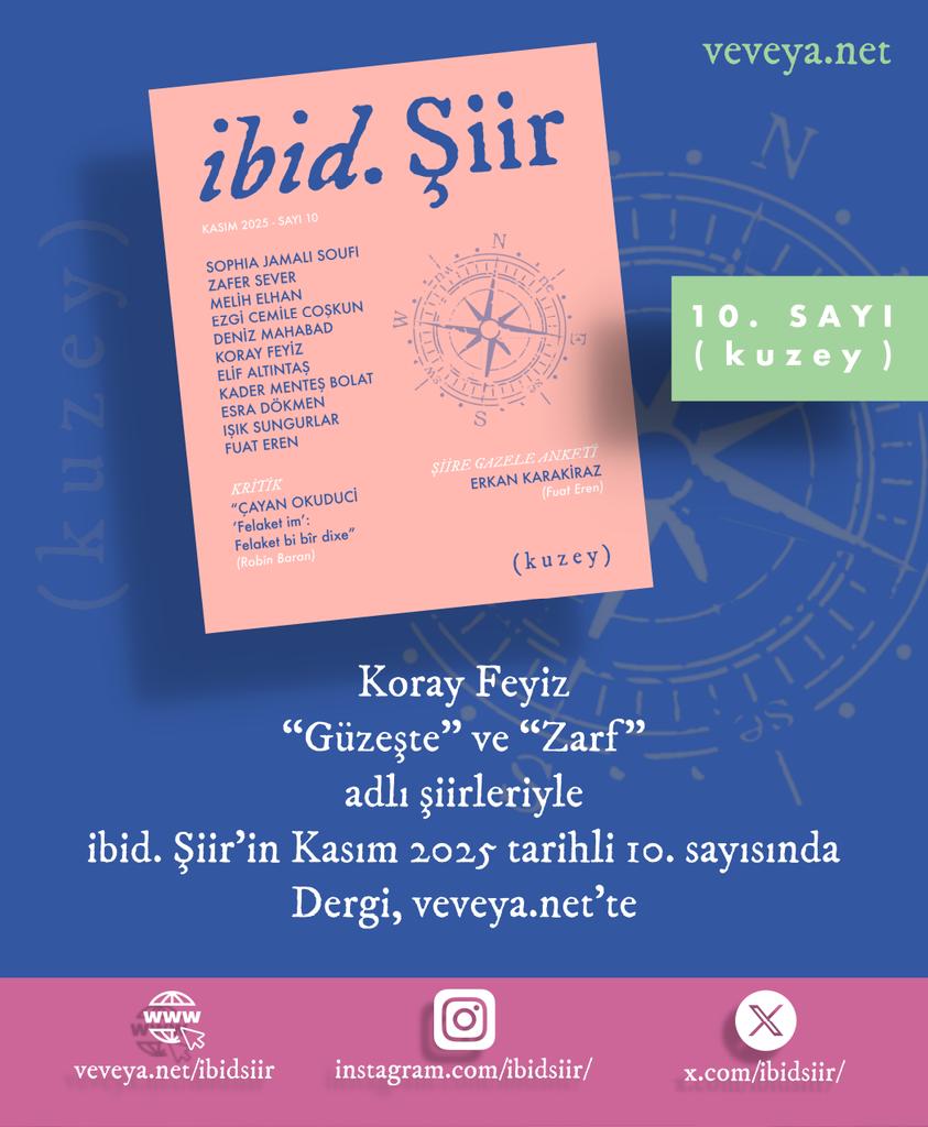 Koray Feyiz, “Güzeşte” ve “Zarf” adlı şiirleriyle ibid. Şiir’in Kasım 2025 tarihli 10. sayısında. Dergi, veveya.net’te.