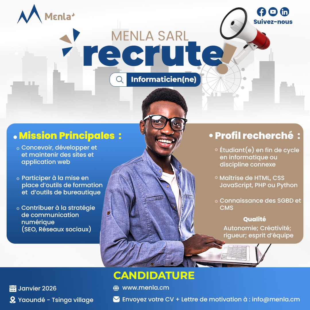Menla_Sarl's tweet image. STAGE PRO BAC+2 : Développeur Web / Mobile Codeur(se) en HTML, JS, PHP/Python ? 06 mois pour concevoir et maintenir nos solutions numériques. Autonomie et rigueur !
Postulez vite : CV+ Lettre de motivation à info@menla.cm
menla.cm
#DevWeb #Coding #Recrutement
