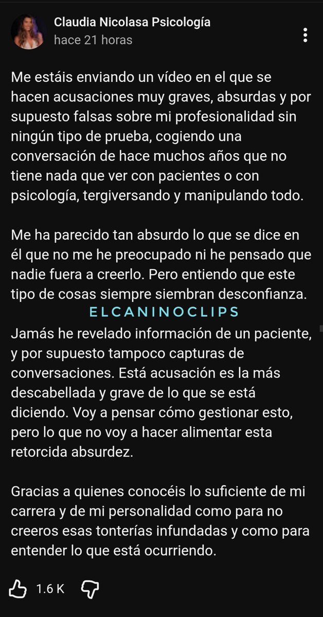 🚨EXCLUSIVA🚨
▪︎ LA PSICÓLOGA CLAUDIA NICOLASA RESPONDE A DALAS!!

🗣"Tomaron una conversación de hace muchos años que no tiene nada que ver con pacientes o con psicología, tergiversando y manipulando todo."