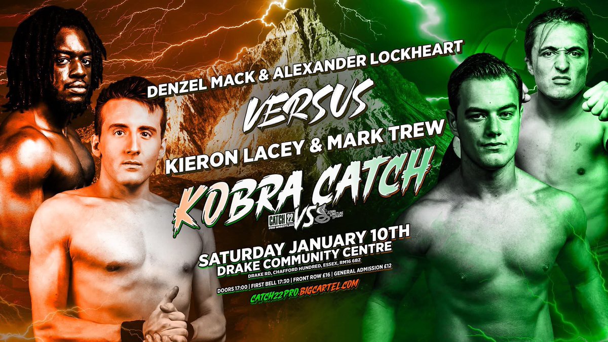 🚨MATCH ANNOUNCEMENT🚨

KWA trainer <a href="/MarkTrewPW/">Mark Trew マーク・トゥリュー</a> and long time tag partner Kieron Lacey will represent the Kobra Wrestling Academy.
As for <a href="/Catch22Pro/">Catch 22 Pro Wrestling</a>? Alexander Lockheart teams with fan favourite, Denzel Mack!

⏰ SATURDAY JANUARY 10th⏰ 

🎟️catch22pro.bigcartel.com🎟️
