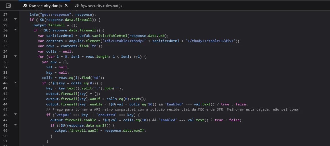 Le firmware e alticelabs  est tellement mal fait que même les commentaires laissés par les devs dans le code 🤣
"// Essai de rendre l’API rétrocompatible avec la solution résidentielle de MEO et de SFR! Améliorer cette merde, j’sais pas comment ! "