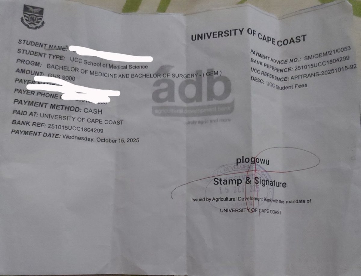 KobenaLutterodt's tweet image. Hi guys, a 5th-year UCC medical student needs help completing her fees. Out of GH¢24,600, she has paid GH¢14,600 and has GH¢10,000 left. 

Please support if you can via MoMo: 0202952861 (Naomi Akyeampong). 

Thank you.