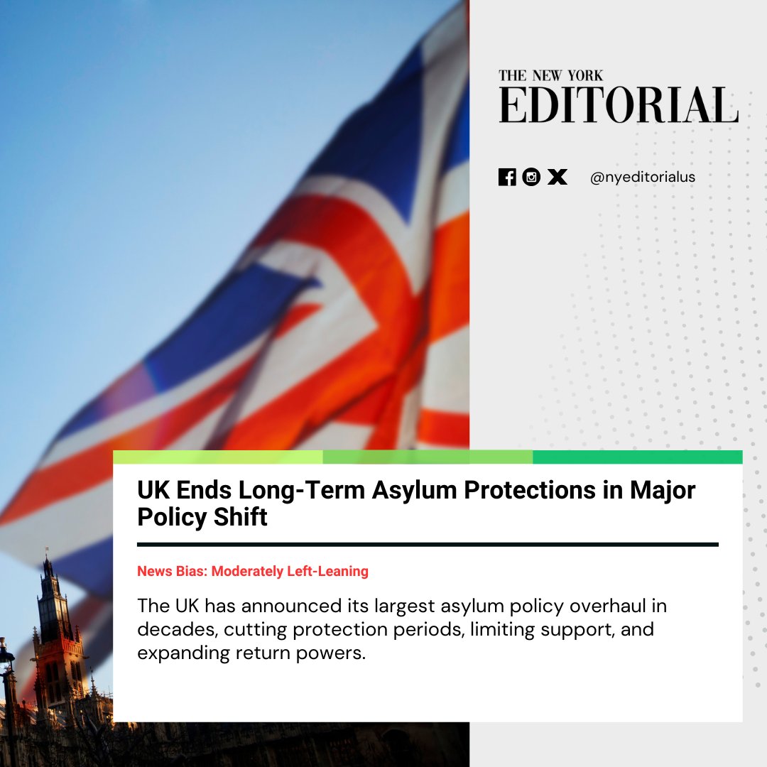 nyeditorialus's tweet image. The UK is ending long-term asylum protections with a major policy overhaul, reducing refugee status to 30 months and limiting guaranteed support. Rights groups warn the changes could heighten risks. 

#UKAsylum #MigrationPolicy #RefugeeRights
Read more at thenewyorkeditorial.com