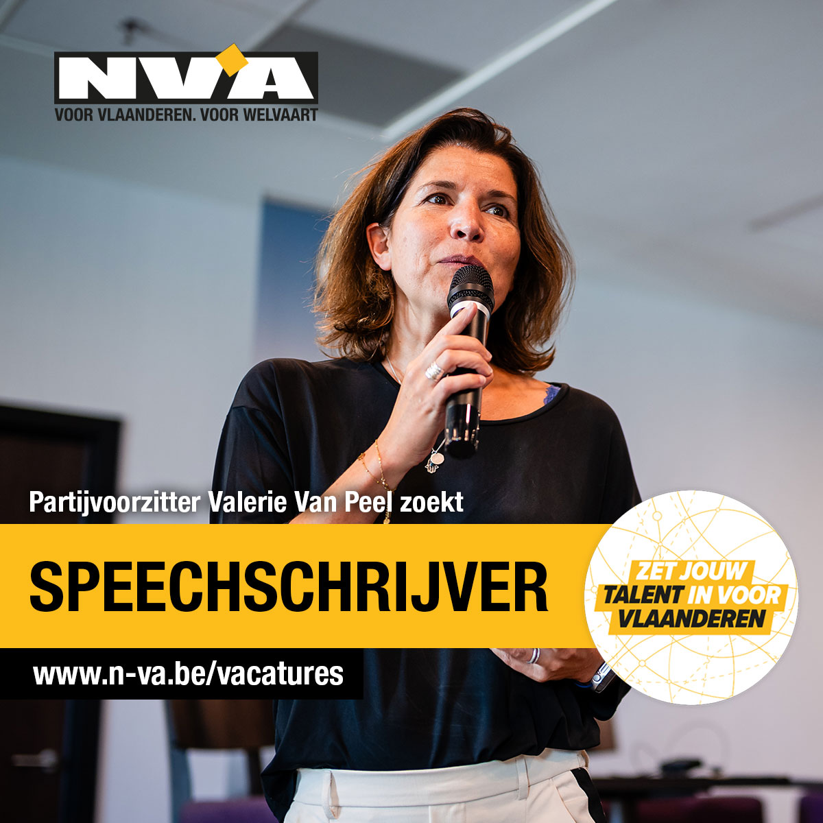 De N-VA zoekt denkers én schrijvers die samen met voorzitter <a href="/valerievanpeel/">Valerie Van Peel</a> willen bouwen aan een sterker Vlaanderen.

Ben jij de speechschrijver die we zoeken? Lees de functiebeschrijving en solliciteer via:

👉ow.ly/8CVU50XslG6

#Vacature