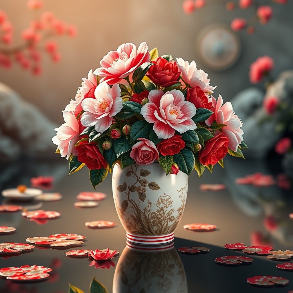 man_e_mon's tweet image. まだ見ぬ椿を池の上に生けるのがこの辺で流行っている。