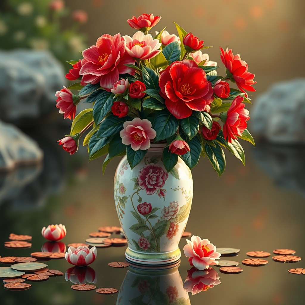 man_e_mon's tweet image. まだ見ぬ椿を池の上に生けるのがこの辺で流行っている。