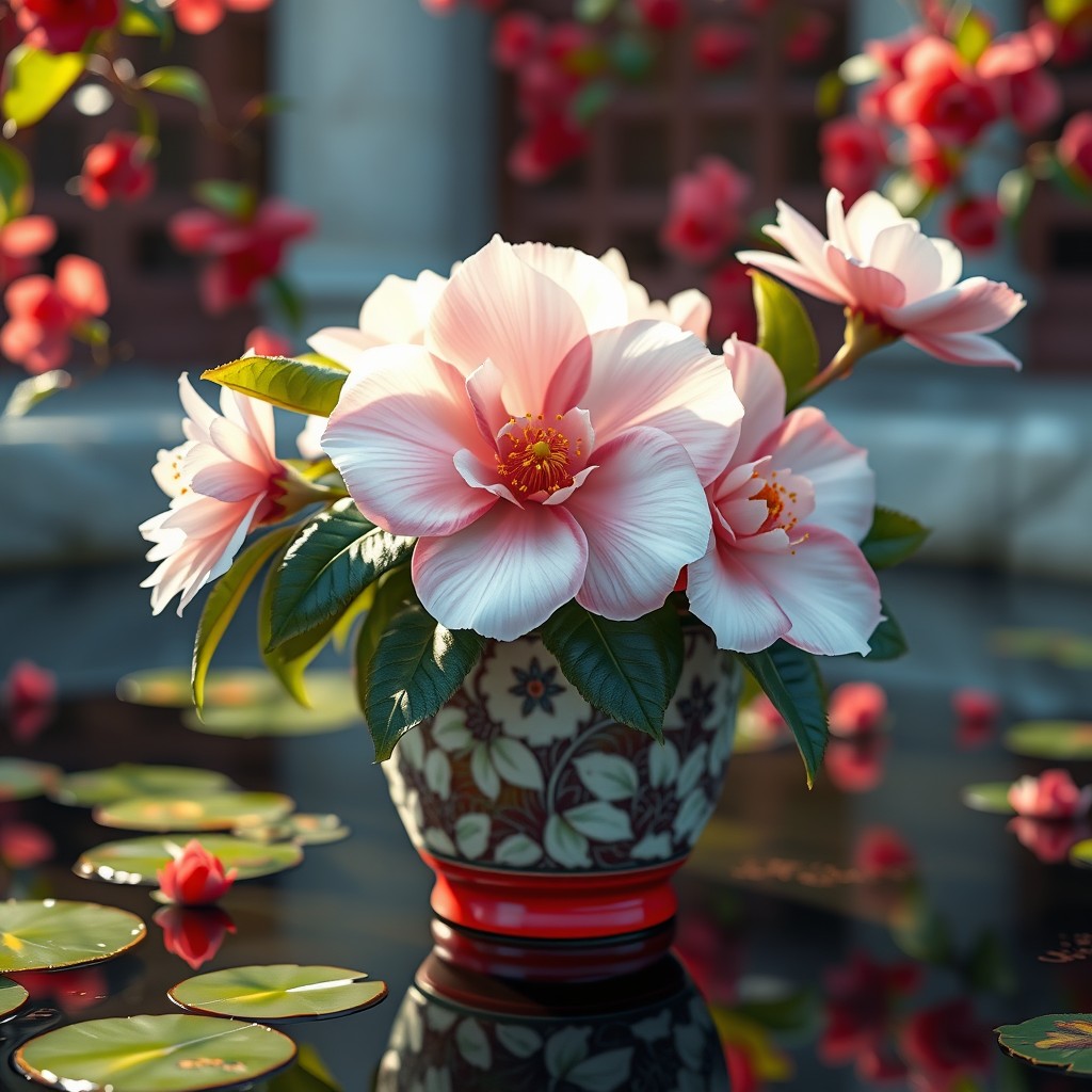 man_e_mon's tweet image. まだ見ぬ椿を池の上に生けるのがこの辺で流行っている。