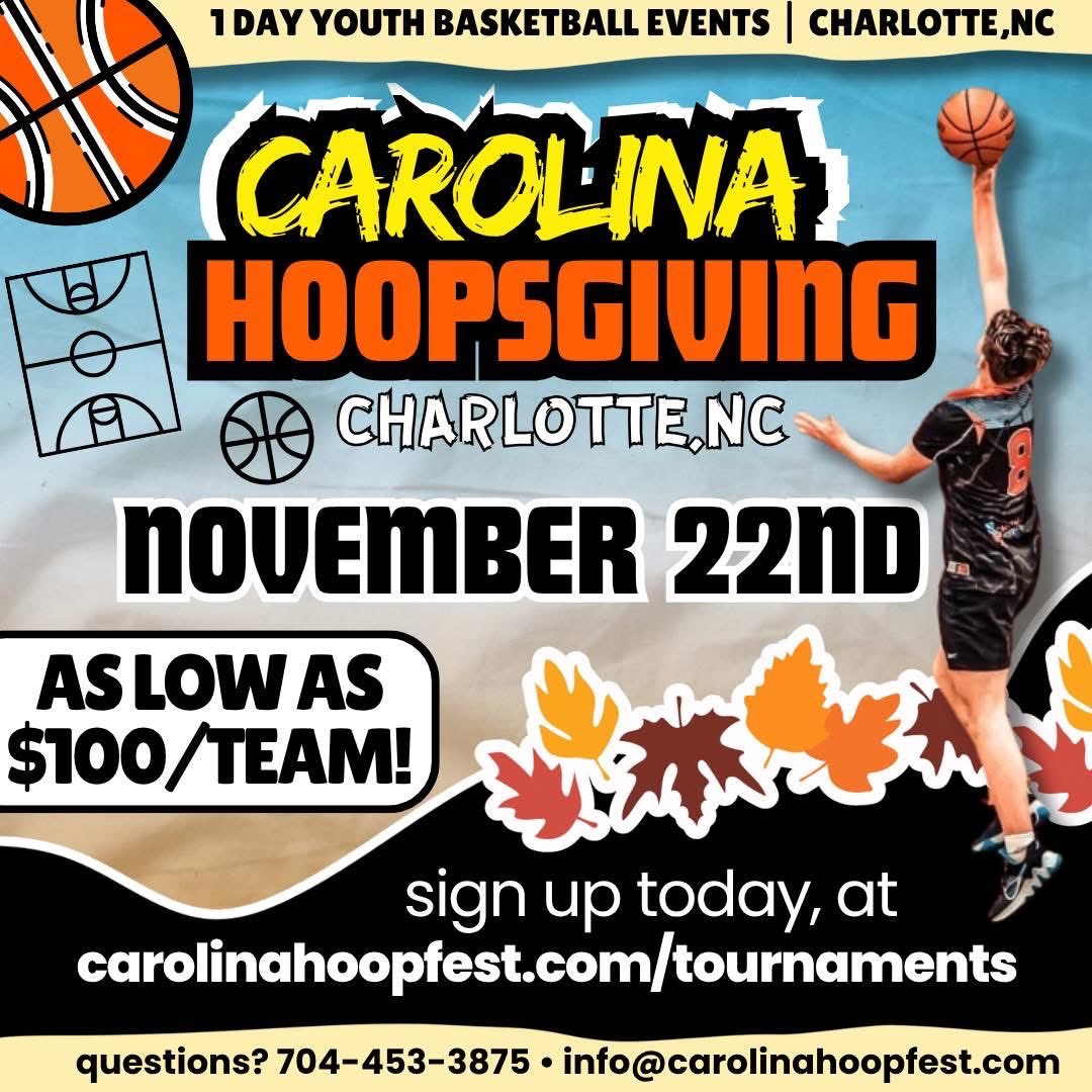 NChoopfest's tweet image. 🏀 Carolina Hoopsgiving 🏀
📆 November 22nd!  
📍Charlotte,NC 
‼️ONLY $100/team! ‼️
sign up at carolinahoopfest.com/tournaments