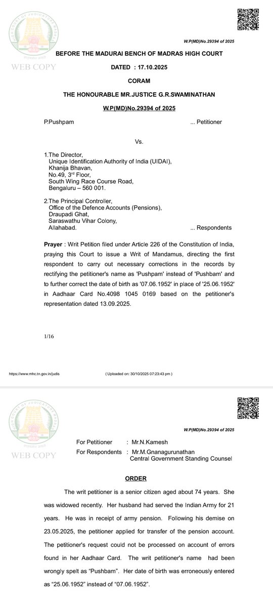 vishmean's tweet image. @Aadhar_UIDAI pls look into your #implement this order without fail (order number W.P(MD)No.29394 of 2025). @suchetadalal going forward this #Order will you to help #people for aadhar related issues , alteration  #fundamentalright for any #aadhar holder