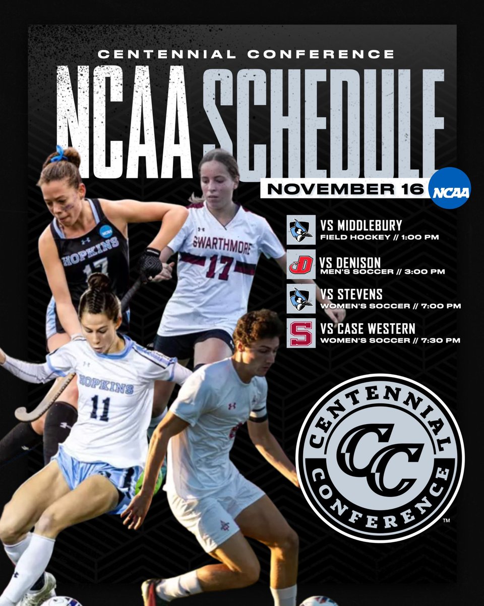 CentennialConf's tweet photo. 🏆 NCAA SUNDAY LINEUP
Four #CentConf teams. Four NCAA matchups. One big day ahead‼️
📺📊 https://t.co/LxINJdsq1N
#IgnitingGreatness #CCmsoc #CCwsoc #d3soc #CCfh #d3fh https://t.co/o0aZBZR5Qp