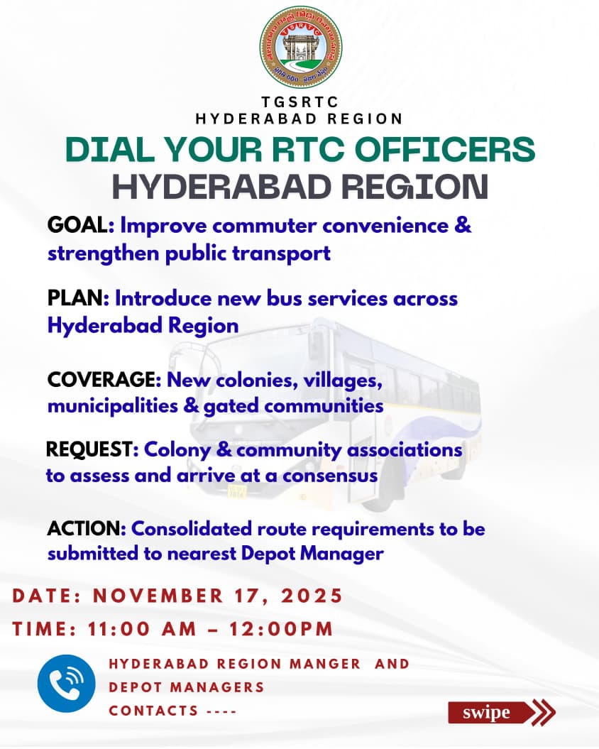 rmhrtgsrtc's tweet photo. 🚌 Hyderabad, we’re listening!
Your voice can drive real change. Let’s build a smarter, pollutionfree Hyderabad together. 
 DIAL YOUR RTC OFFICERS on  17.11.25 at 11AM&amp; share your views for better public transport for our city.
@Ponnam_INC @TelanganaCMO @TGSRTCHQ @tgsrtcmdoffice https://t.co/tlYFLyTCWp