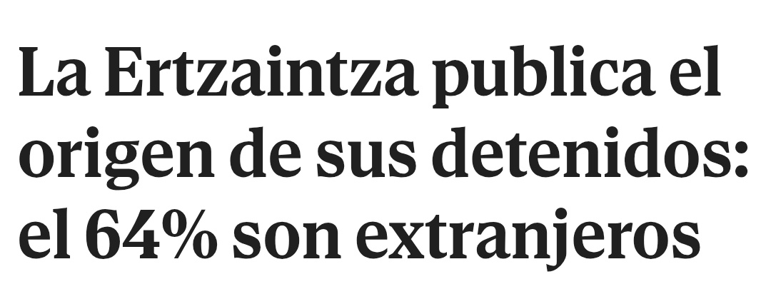 Datos del informe de la Ertzaintza (policía) que indica el origen de los detenidos, solo en País Vasco.
Queremos datos similares para toda España, analizando provincia por provincia.

Basta ya de que los políticos se rían y oculten la realidad en nuestras calles y barrios.