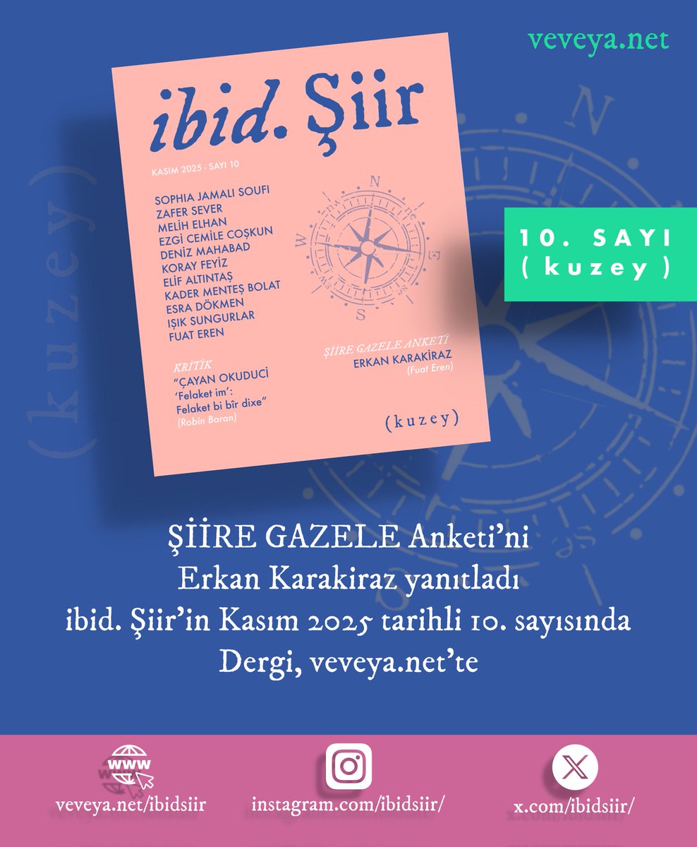ŞİİRE GAZELE Anketi’ni Erkan Karakiraz yanıtladı. Yanıtlar, ibid. Şiir’in Kasım 2025 tarihli 10. sayısında. Dergi, veveya.net’te.