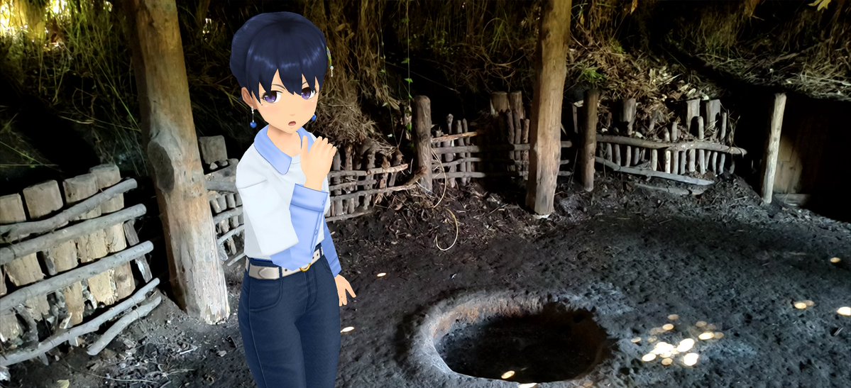 Aj785Aj's tweet image. 【サトカと1号住居】

　こっちは全国でも珍しい笹葺きの竪穴式住居だって。

｢中は結構広いですね。

　あっ！これは外に出ると縄文時代にタイムスリップしてるパターンじゃない？

｢異世界転移ならまだしも流石に縄文時代は遠慮したいですよ。

#スクスト2
#スクストカメラ
#勝坂遺跡公園