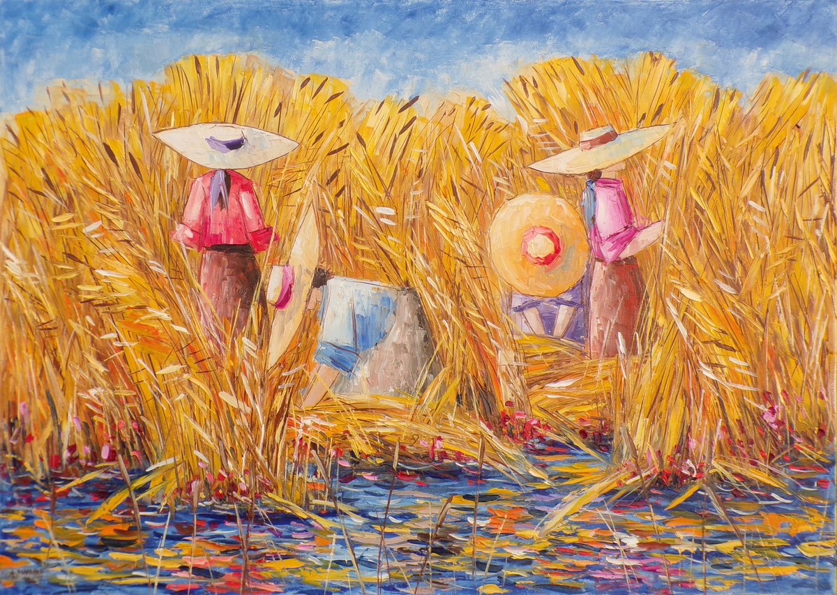 Oggi pubblico un mio dipinto ad olio su tela " La raccolta della canna palustre ", cm 50x70.
