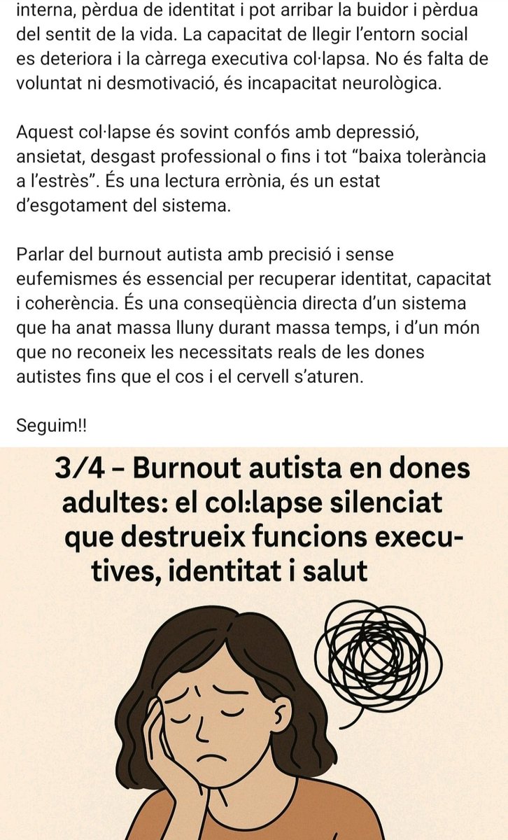 3/4 - Burnout autista en dones adultes: el col·lapse silenciat que destrueix, funcions executives, identitat i salut

És un dels fenòmens més infradiagnosticats i devastadors: un col·lapse neurobiològic profund per anys d’exigència que excedeix la capacitat del sistema.

Seguim!!