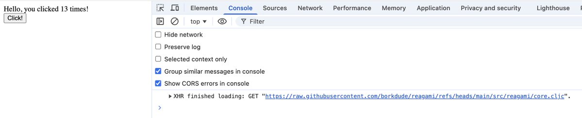 borkdude's tweet image. For fun: reagami (React-free hiccup DOM morphing lib) loaded in scittle from source (directly from Github).  Works like a charm, except that SCI doesn&apos;t support js-in yet (which is easy to fix, example includes patch).

gist.github.com/borkdude/4432b…

#clojure #scittlecljs