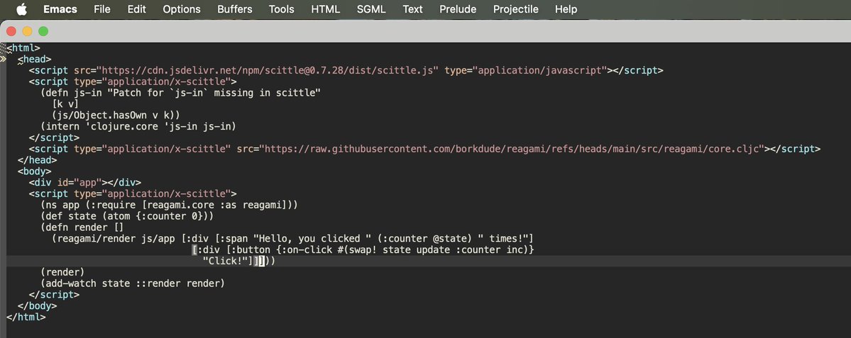 borkdude's tweet image. For fun: reagami (React-free hiccup DOM morphing lib) loaded in scittle from source (directly from Github).  Works like a charm, except that SCI doesn&apos;t support js-in yet (which is easy to fix, example includes patch).

gist.github.com/borkdude/4432b…

#clojure #scittlecljs