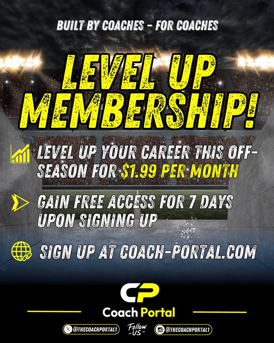 CoachPortalHQ's tweet image. 🚨Coaches — your off-season just got better 👇

Coach Portal is launching the Level Up Membership tomorrow!

✅ Only $1.99/month
✅ 7 days FREE when you join
✅ Exclusive resources to elevate your coaching

It’s time to invest in YOU this off-season 🏈

🔗 Sign up at…