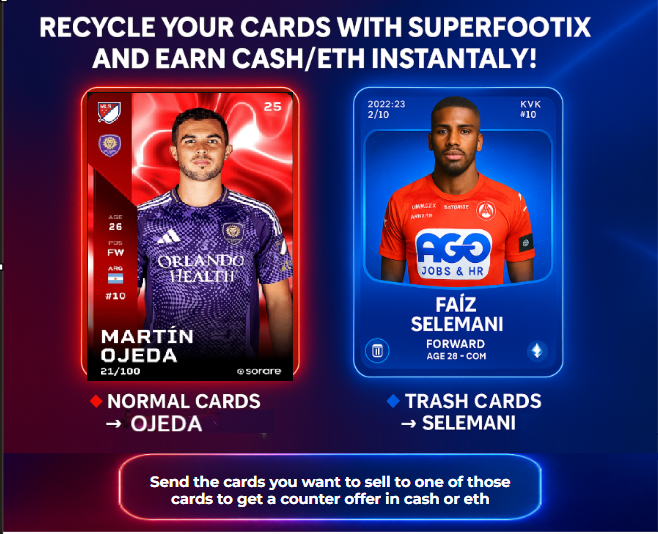 SuperFootix_SR's tweet image. #sorare #bundles #giveaway

🛒 I buy all cards 🟡🔴🔵(class, IS,❌, etc) since 2021 !

➡️ Just send the cards U want to sell to my Ojeda or Selemani to get a counter offer in cash/eth 

👇Direct links to cards in comment

🎁 Also New giveaway coming up on Tuesday !