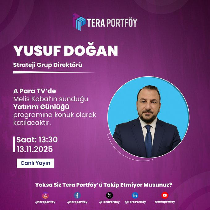 ErikaMackay's tweet photo. Sn. Yusuf Doğan, 13.11.2025 (bugün) tarihinde saat 13:30'da 
@apara_tv
'de 
@MelisKobal
'ın sunduğu "Yatırım Günlüğü" programına konuk olarak katılacaktır.
@yusuf34dogan

#teraportfoy #yatirim #portfoy #canliyayin #piyasaanalizi #borsagündem #piyasasohbetleri #apara #aparatv https://t.co/WZhUc899cu