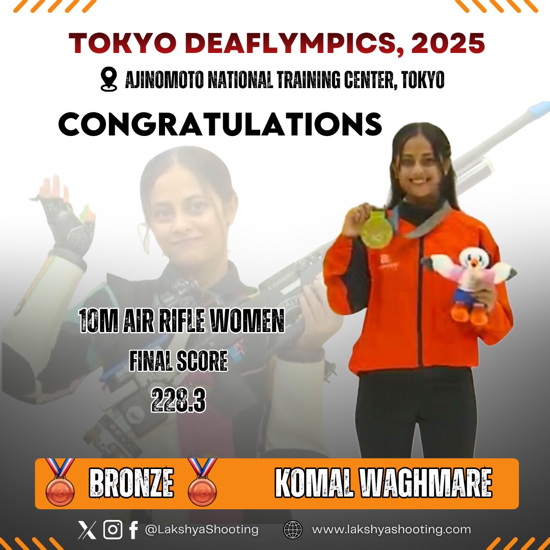 She did it! 🥉 Komal Waghmare wins bronze at Tokyo Deaflympics 2025 in 10m Air Rifle Women. Our athlete delivered. Gearing up for 10m Air Rifle Mixed Team on Nov 18th. Let's go, Komal!

#LakshyaShootingClub #KomalWaghmare #TokyoDeaflympics #BronzeMedal #IndiaTeam #LSCAthletes