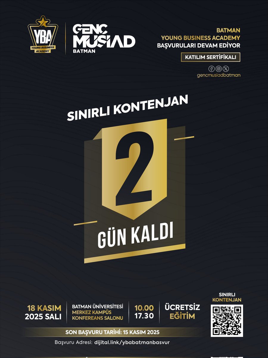 🥳 Heyecan dorukta!
🎉 Efsane buluşmaya sadece 2 gün kaldı!

Kayıt yaptın mı? 🤔
Üstelik tamamen ücretsiz ve sınırlı kontenjanlı bir program!

Geleceğini şekillendirecek bu fırsatı kaçırma.
❗Kayıt için son gün bugün!
dijital.link/ybabatmanbasvur