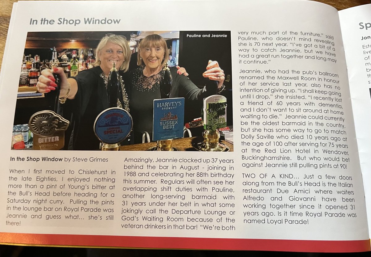 If you’ve ever been to the  ⁦<a href="/BullChislehurst/">The Bull's Head Hotel</a>⁩ then you would almost certainly have been served by Jeanie and Pauline. Jeanie is now in her 37th year of working at the Bull while Pauline has ‘only’ done 31! Well done ladies…..