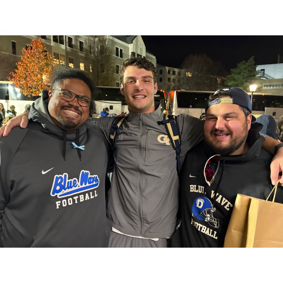 DHSBWfootball's tweet image. Blue Wave Football coaches Erle Ladson and Kyle Amann celebrating a GT win with Blue Wave alumni Kevin Roche, Harry &amp;amp; John Rooney up at BC. #bluewavepride #rollwave