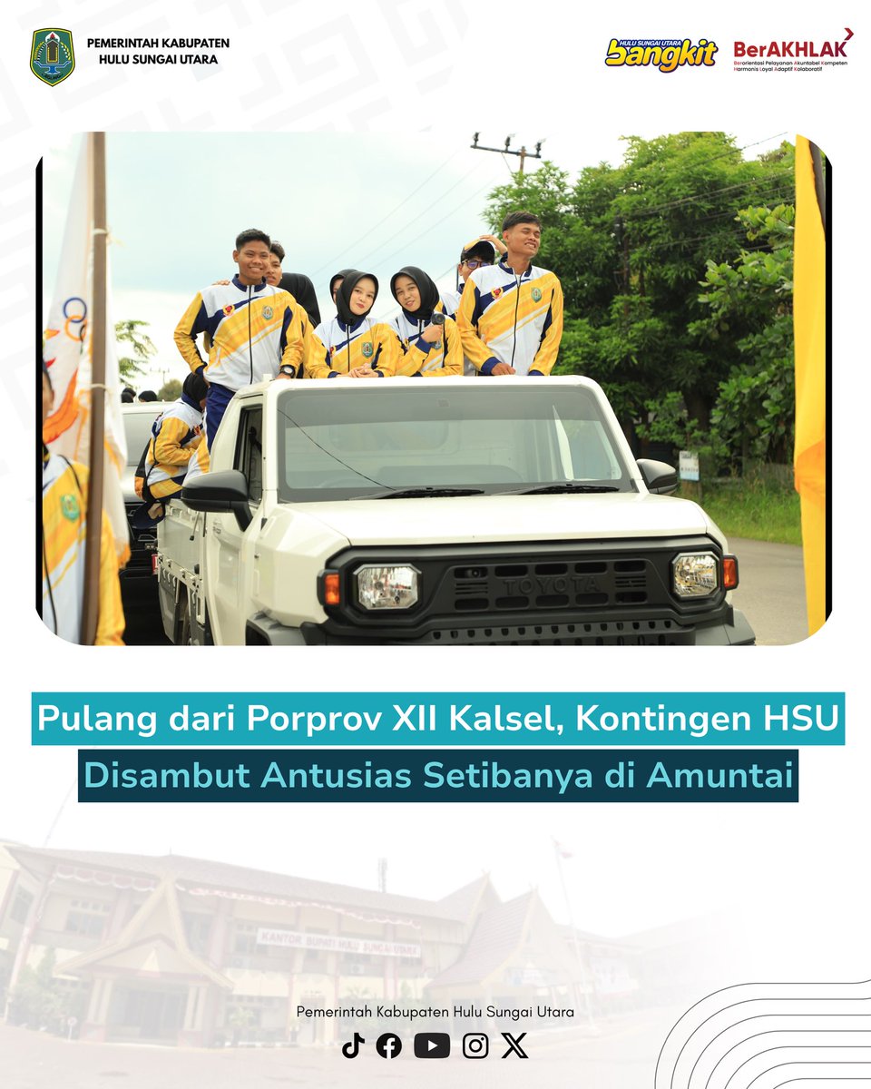 PemkabHsu's tweet photo. AMUNTAI – Bupati Hulu Sungai Utara (HSU) Sahrujani menyambut kepulangan Kontingen HSU usai berlaga pada Pekan Olahraga Provinsi (Porprov) XII Kalimantan Selatan di Kabupaten Tanah Laut. Rombongan tiba di Amuntai pada Sabtu (15/11/2025) sore. https://t.co/YtdFO6IWqo