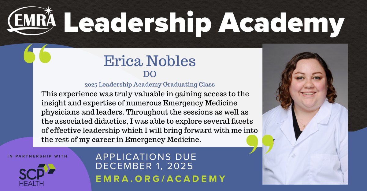 emresidents's tweet image. Ready to take your leadership skills to the next level like Dr. Erica Nobles? Apply for the EMRA Leadership Academy by Dec 1 → bit.ly/3rTF9FJ

Tag someone who should apply!

#EMRALeadershipAcademy #EMLeadership #EmergencyMedicine