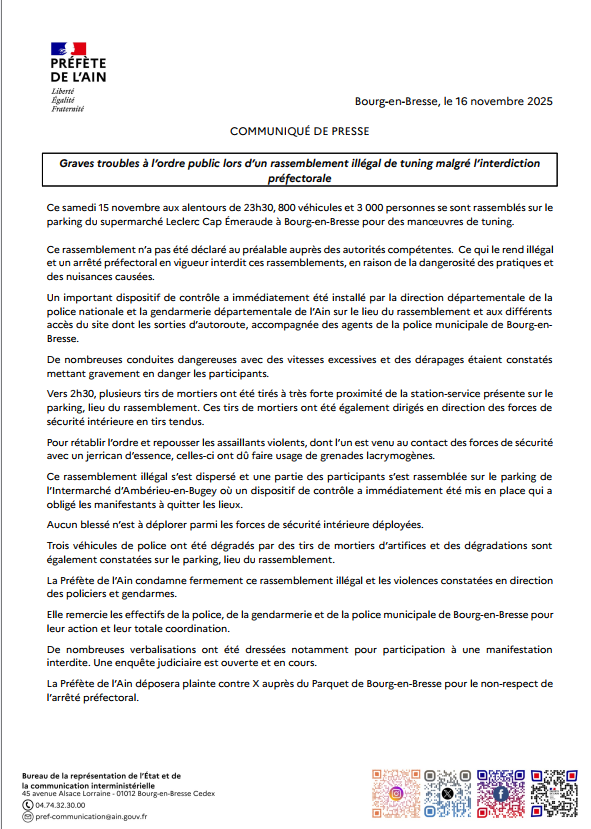 Image de Préfète de l'Ain - Rassemblement illégal de tuning malgré l'interdiction préfectorale ce samedi 15 novembre 2025 sur le