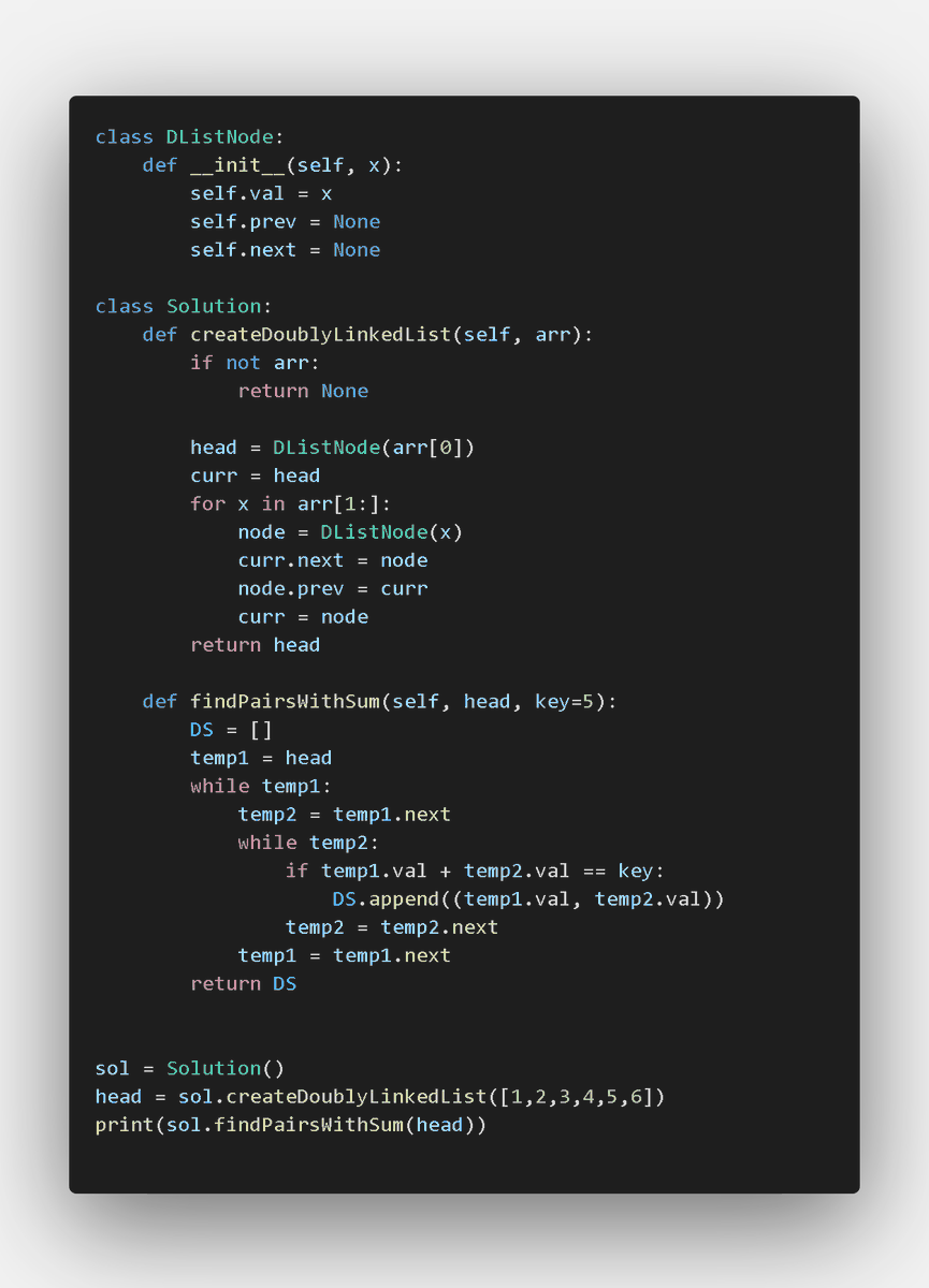 Patil_Harshal_5's tweet image. 🚀 Day 97 of #100DaysOfDSA 🚀
Problem Solved: Find all Pairs with Given Sum in DLL
✨ Built a Doubly Linked List
✨ Traversed using two pointers
✨ Found all valid pairs matching the target sum
#DSA #LinkedList #DoublyLinkedList #Coding #Python #100DaysOfCode #LeetCode🚀