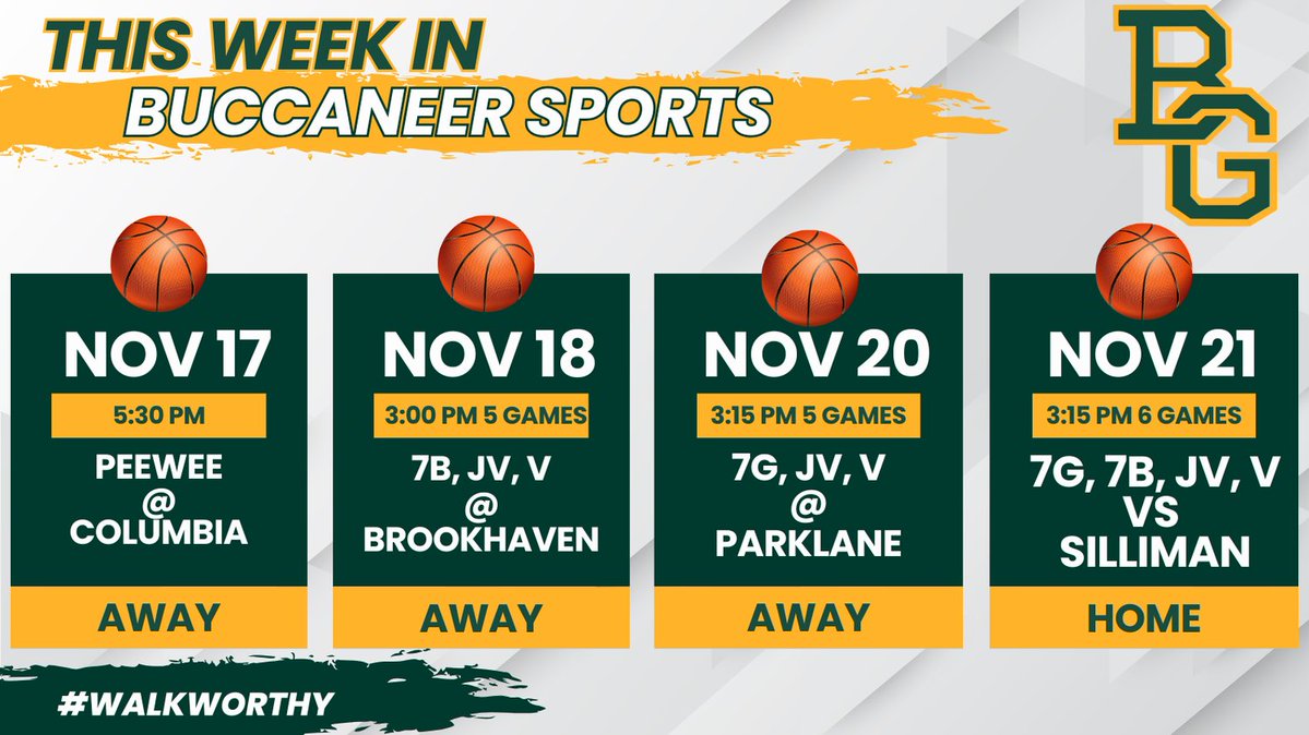 Lots of away action this week, but our teams end the week at home.  #BowlingGreenSchool #BucStrong #GeauxBucs #BucNation #WalkWorthy #BGS