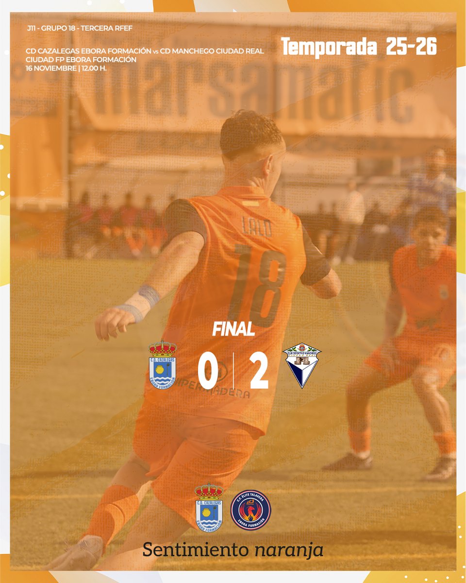 ⏱ 90+3' | 0️⃣ - 2️⃣ 

🏁FINAL del partido. El líder se lleva los tres puntos tras abrir el marcador en un gol concedido en posición dudosa. Lo intentaron los de Kuki Arriero que plantaron cara durante buena parte del encuentro.
CD Cazalegas Élite Ebora Formación 0 🆚 CD Manchego 2