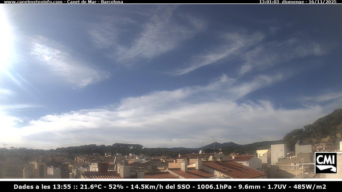 #CMI Canet de Mar
🕒 Hora: 14:00
🌡️ Temp: 21.6ºC
💧 Humitat: 51%
🌬️ Vent: 9.7 Km/h del S
📉 Pressió: 1006.1 hPa
🌧️ Precip: 9.6 mm
🔆 UVI: 1.7
☀️ Radiació: 471 V/m2
 📡 ClimaMeteoInfo