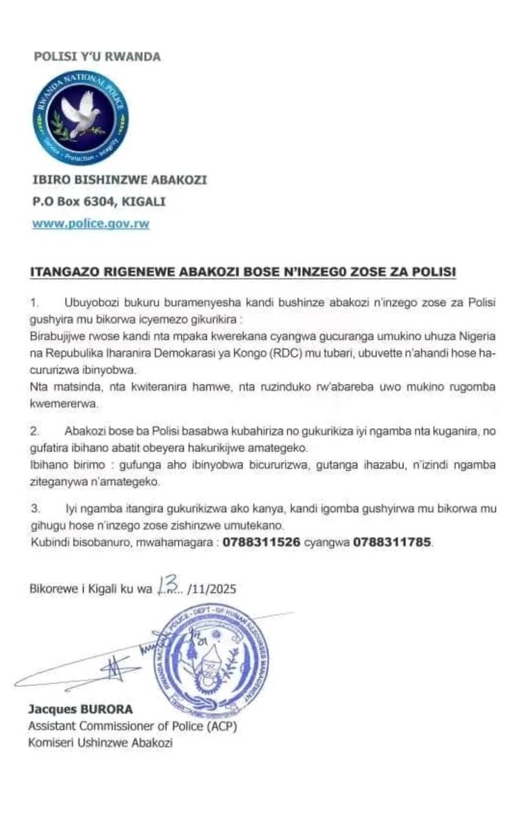 ATTENTION‼️‼️‼️‼️
Ce communiqué émis au nom de la police rwandaise, interdisant la diffusion du match #RDC vs #Nigeria dans les lieux publics est un FAKE.
Le Rwanda n'est pas dans cette bassesse.
🇨🇩paix🇷🇼
Sé/ Dr AWAZI Raymond
Président de la Diapora Congolaise du Rwanda ( DCR ).