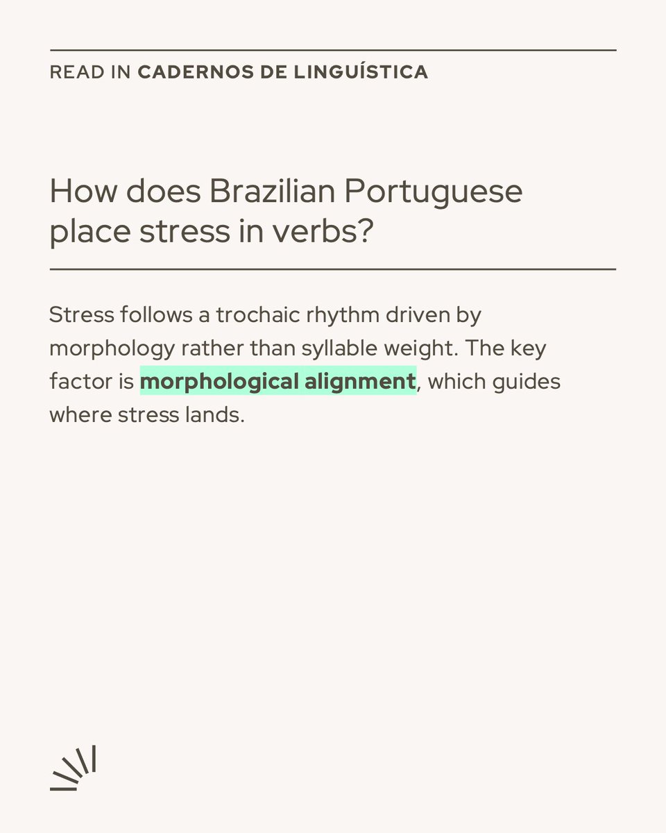Fernanda A Rezende shows that Brazilian Portuguese verb stress follows trochaic rhythm and verb morphology, not syllable weight, explaining contrasts like bate versus bati.
doi.org/10.25189/2675-…
#langsky #linguistics