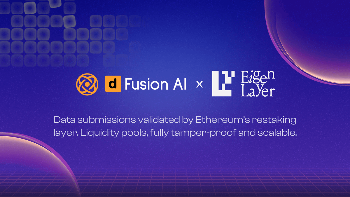 dFusionAI's tweet image. dFusion is officially integrated with @EigenLayer.

Every data submission on our protocol is now validated by Ethereum’s restaking layer.

Making our Data Liquidity Pools tamper-proof, secure, and scalable.