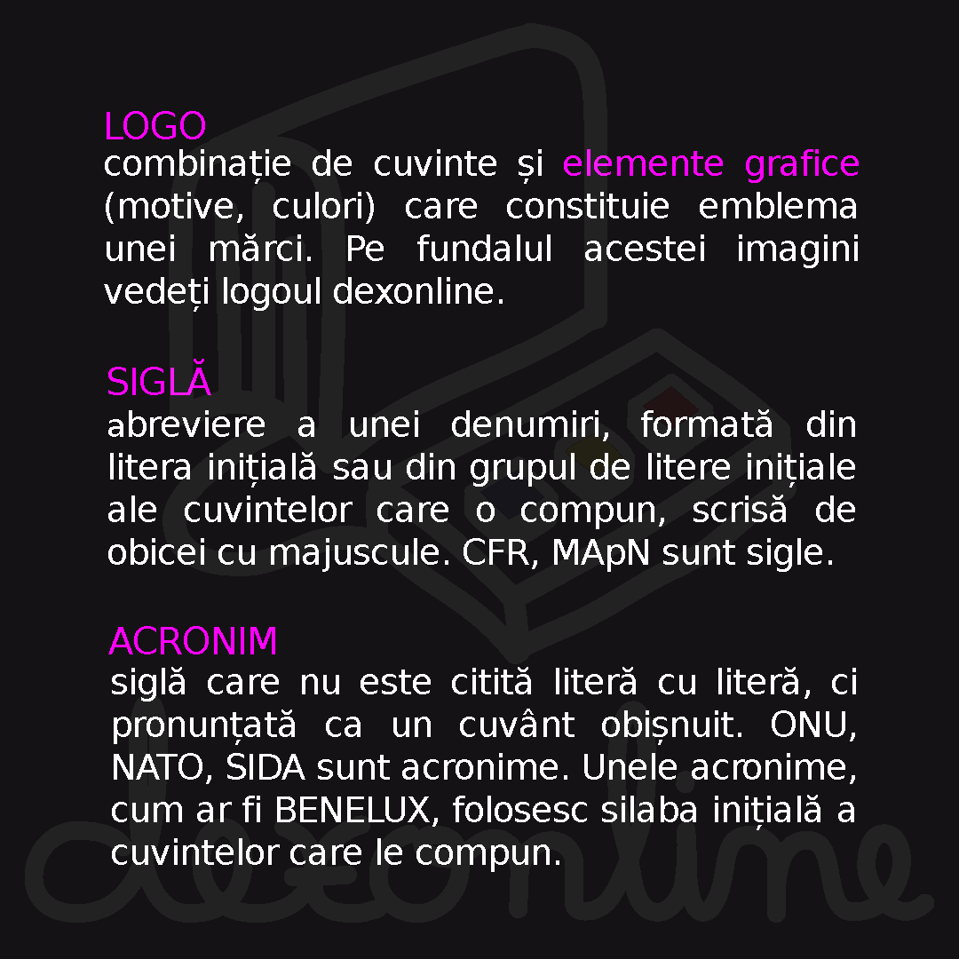 dexonlineRo's tweet photo. V-ați pus vreodată întrebarea ce diferență este între siglă, acronim și logo? https://t.co/UjxHK9d1ST
