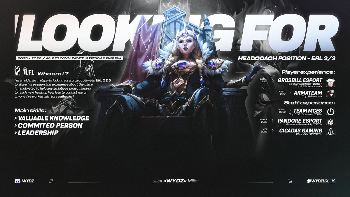 WydzLoL's tweet image. LFT  HC/AC📌

Im available to Lead or assist any project around ERL2/3 on 2026. 

Feel free to reach me if you have any question.

references: @squalito_lol @Haiinos @CG_Calou