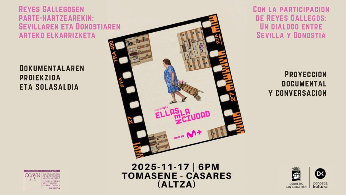 🎞️ Proiekzioa eta solasaldia: 'Ellas en la ciudad'
📅 BIHAR, azaroak 17
📍Tomasene Kultur Etxean (Altzan)
⏰ 18:00
🗣️Dokumentalaren zuzendariak parte hartuko du.
ℹ️labur.eus/bz0izroa

#Ekialdekobarrutia