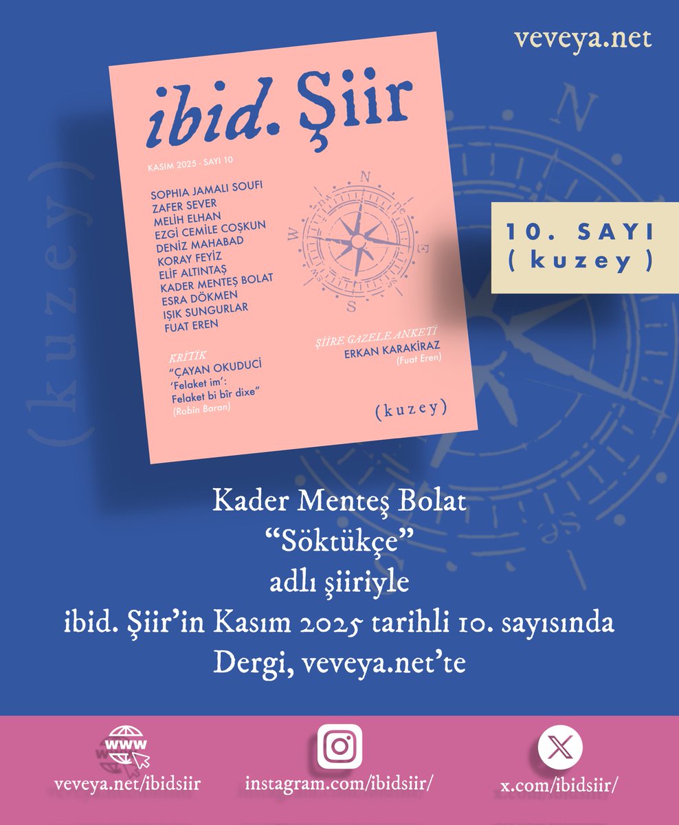 Kader Menteş Bolat, “Söktükçe” adlı şiiriyle ibid. Şiir’in Kasım 2025 tarihli 10. sayısında. Dergi, veveya.net’te.