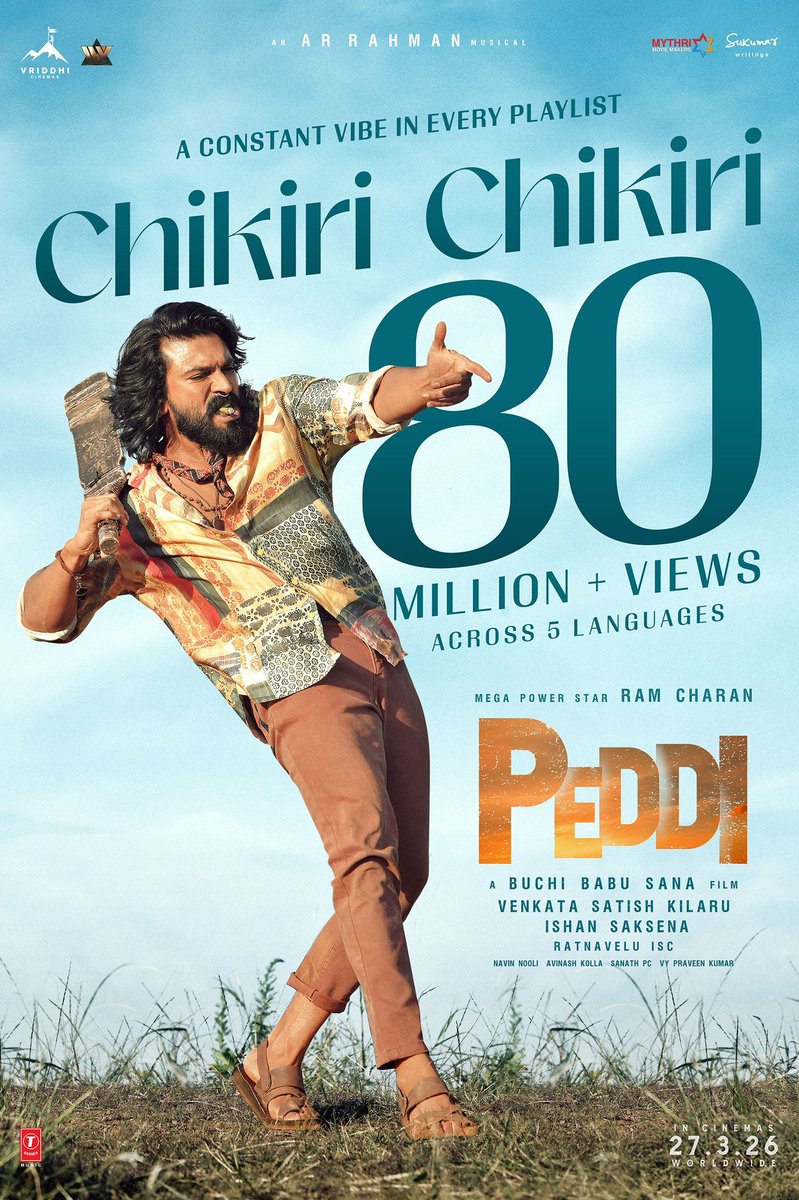 PeddiMovieOffl's tweet image. #ChikiriChikiri hits 80M+ VIEWS on YouTube ❤‍🔥

Everyone is grooving to the Chikiri Vibe 💥🕺💃

🔗 linktr.ee/CHIKIRISong

#PEDDI WORLDWIDE RELEASE ON 27th MARCH, 2026.