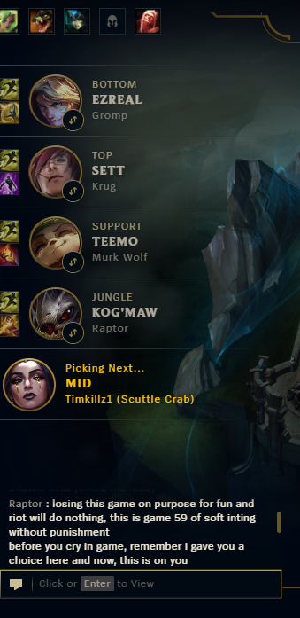 timkillzgaming's tweet photo. @drewlevin This guy is legit soft inting every game and admitting it in champ select. Please ban. 

Game ID: 5414732837 https://t.co/3l99PDXbG4