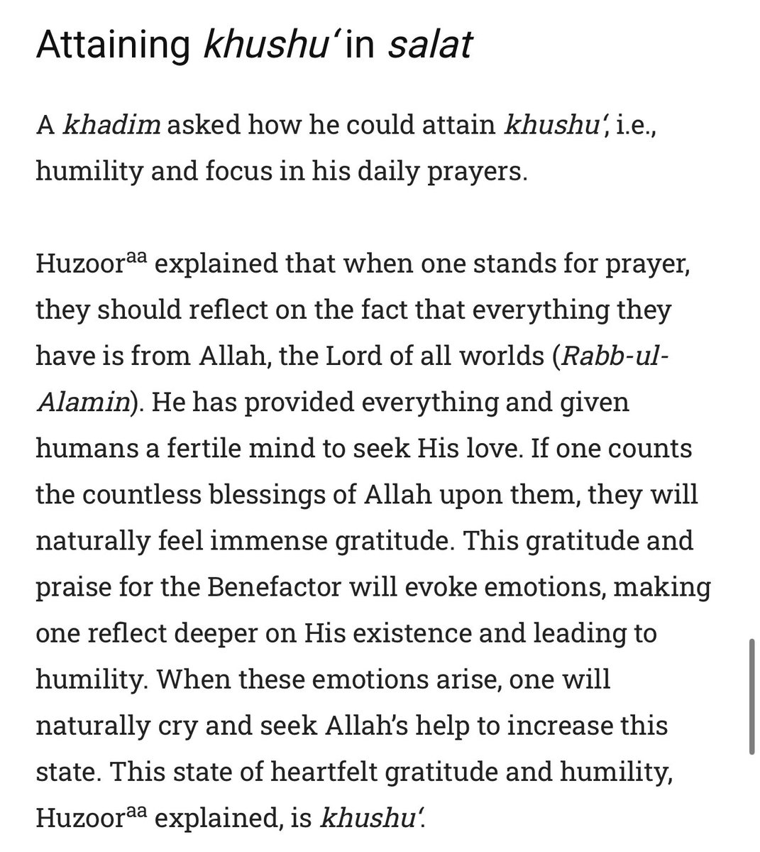 spiritualfit's tweet photo. A khadim asked how he could attain khushu‘, i.e., humility and focus in his daily prayers. Read full report at https://t.co/hXSgy2Vy15 https://t.co/28Cl7NRAr7